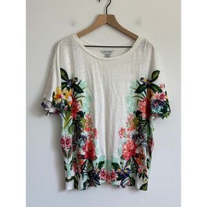 Tommy Bahama White Linen Tropical Floral Tee XL Coastal Grandmother Vacation